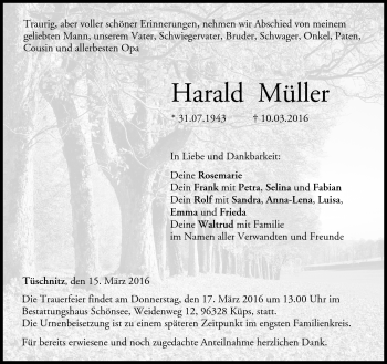 Traueranzeige von Harald Müller von Neue Presse Coburg