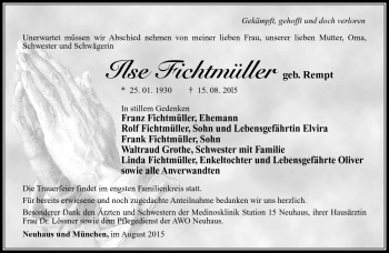 Traueranzeige von Ilse Fichtmüller von Südthüringer Presse