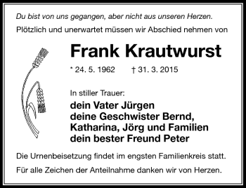 Traueranzeige von Frank Krautwurst von Südthüringer Presse