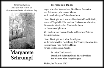 Traueranzeige von Margarete Schrumpf von Südthüringer Presse