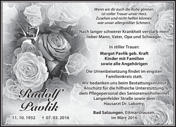 Traueranzeige von Rudolf Pavlik von Südthüringer Presse