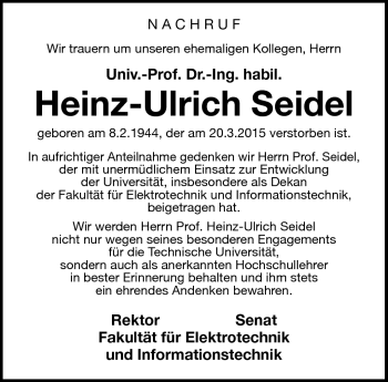 Traueranzeige von Heinz-Ulrich Seidel von Südthüringer Presse