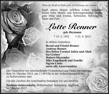 Traueranzeige von Lotte Renner von Südthüringer Presse
