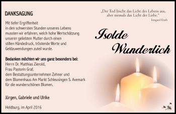 Traueranzeige von Isolde Wunderlich von Südthüringer Presse