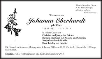 Traueranzeige von Johanna Eberhardt von Südthüringer Presse