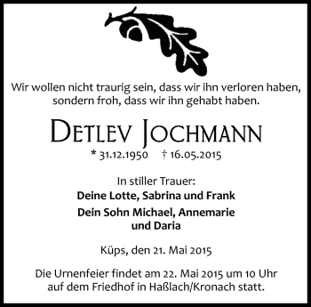Traueranzeige von Detlev Jochmann von Neue Presse Coburg