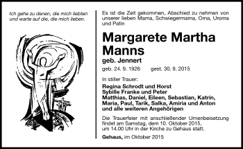 Traueranzeige von Margarete Martha Manns von Südthüringer Presse