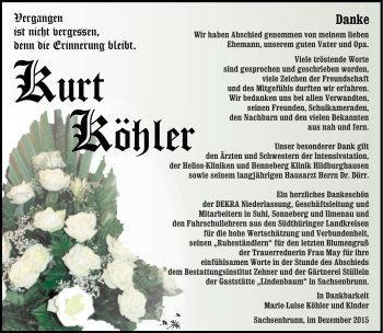Traueranzeige von Kurt Köhler von Südthüringer Presse