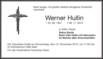 Traueranzeige von Werner Hullin von Frankenpost
