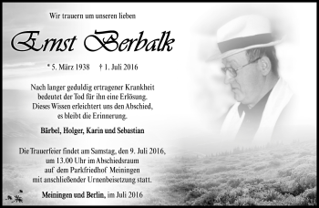 Traueranzeige von Ernst Berbalk von Südthüringer Presse
