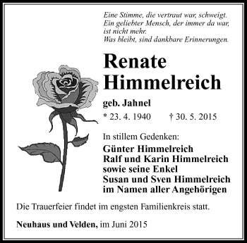 Traueranzeige von Renate Himmelreich von Südthüringer Presse