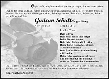 Traueranzeige von Gudrun Schultz von Südthüringer Presse