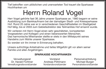 Traueranzeige von Roland Vogel von Frankenpost