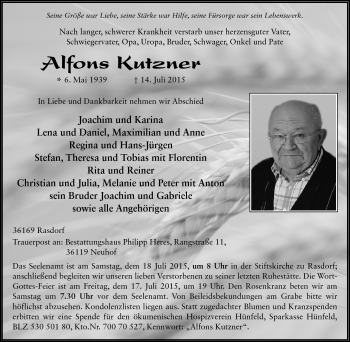 Traueranzeige von Alfred Kutzner von Südthüringer Presse