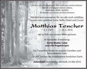 Traueranzeige von Matthias Teucher von Südthüringer Presse