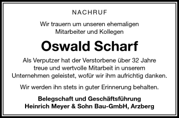 Traueranzeige von Oswald Scharf von Frankenpost