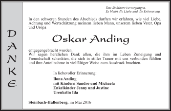 Traueranzeige von Oskar Anding von Südthüringer Presse