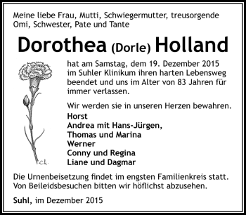 Traueranzeige von Dorothea Dorle Holland von Südthüringer Presse