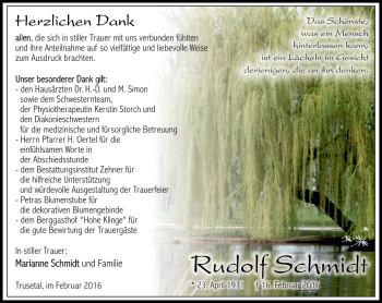 Traueranzeige von Rudolf Schmidt von Südthüringer Presse