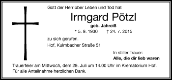 Traueranzeige von Irmgard Pötzl von Frankenpost
