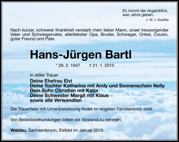 Traueranzeige von Hans-Jürgen Bartl von Südthüringer Presse