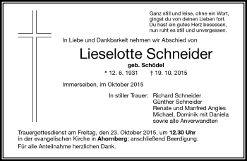 Traueranzeige von Lieselotte Schneider von Frankenpost