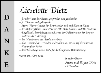 Traueranzeige von Lieselotte Dietz von Neue Presse Coburg