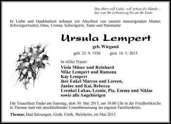 Traueranzeige von Ursula Lempert von Südthüringer Presse