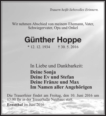 Traueranzeige von Günther Hoppe von Südthüringer Presse