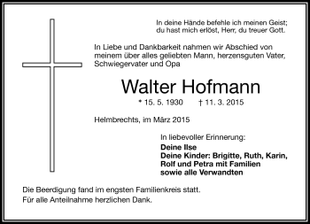 Traueranzeige von Walter Hofmann von Frankenpost