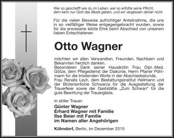 Traueranzeige von Otto Wagner von Südthüringer Presse