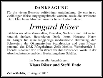 Traueranzeige von Irmgard Röser von Südthüringer Presse