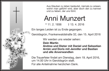 Traueranzeige von Anni Munzert von Frankenpost