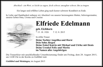 Traueranzeige von Elfriede Edelmann von Südthüringer Presse