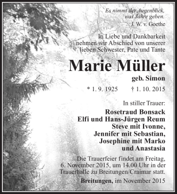 Traueranzeige von Marie Müller von Südthüringer Presse
