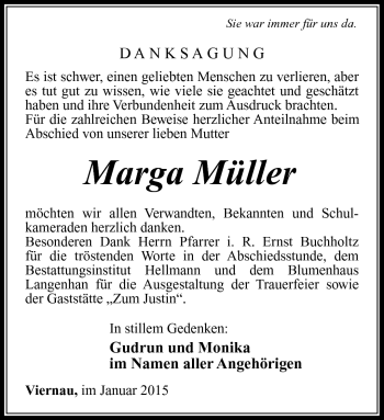 Traueranzeige von Marga Müller von Südthüringer Presse