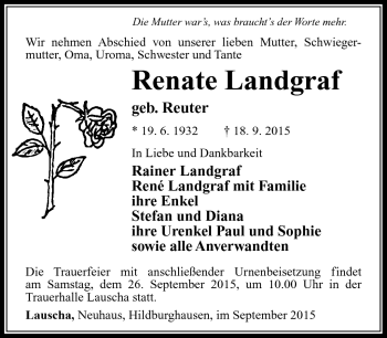 Traueranzeige von Renate Landgraf von Südthüringer Presse