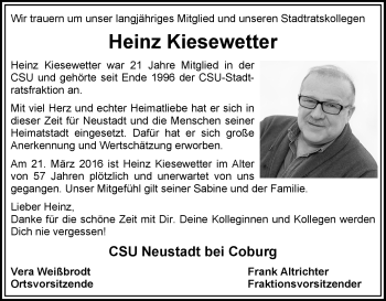 Traueranzeige von Heinz Kiesewetter von Neue Presse Coburg