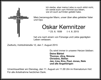 Traueranzeige von Oskar Kemnitzer von Frankenpost