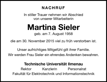 Traueranzeige von Martina Sieler von Südthüringer Presse