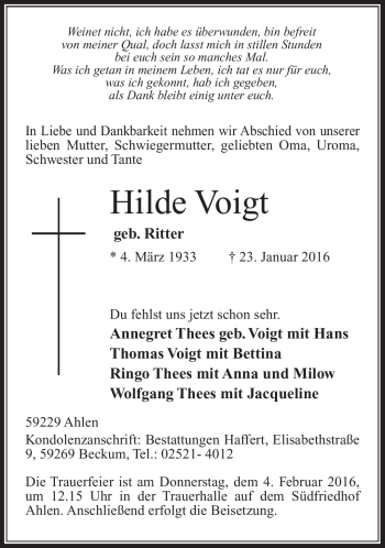 Traueranzeige von Hilde Voigt von Südthüringer Presse