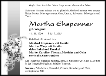 Traueranzeige von Martha Ehspanner von Südthüringer Presse