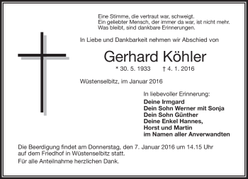 Traueranzeige von Gerhard Köhler von Frankenpost