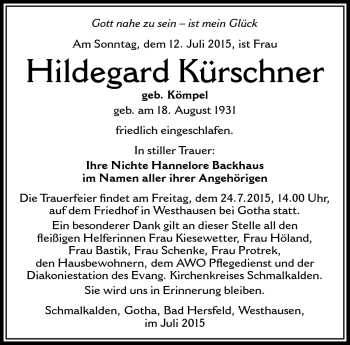 Traueranzeige von Hildegard Kürschner von Südthüringer Presse