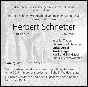 Traueranzeige von Herbert Schnetter von Neue Presse Coburg