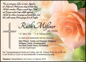 Traueranzeige von Ruth Mößner von Südthüringer Presse