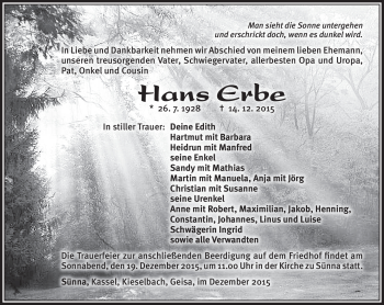 Traueranzeige von Hans Erbe von Südthüringer Presse