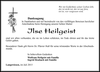 Traueranzeige von Ilse Heilgeist von Südthüringer Presse
