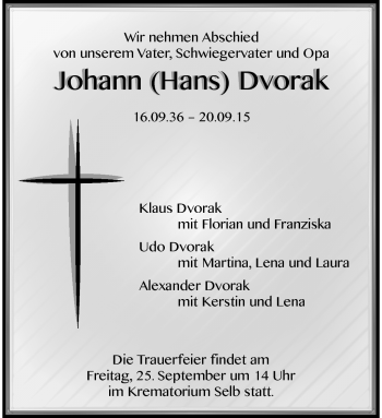 Traueranzeige von Johann Dvorak von Frankenpost