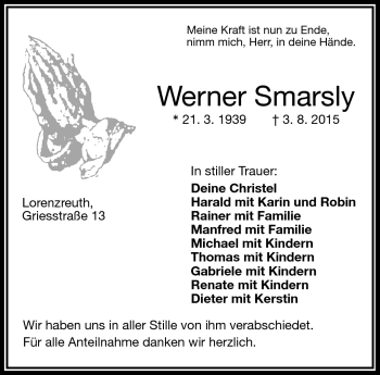 Traueranzeige von Werner Smarsly von Frankenpost
